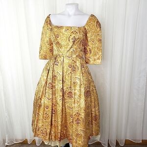 Vintage  B. Altman poof dress tulle layered yellow gold red floral square neck